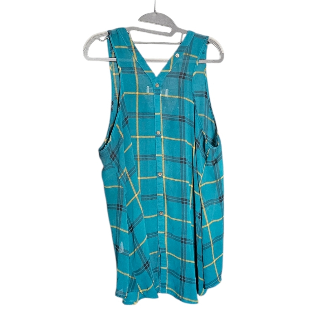 Decree Teal Plaid V-Neck Button-Front Hi Low Sleeveless Top - Picture 4 of 4